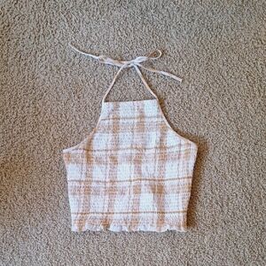 AMERICAN EAGLE OUTFITTERS Stretchy Plaid Halter Crop Top in Tan & White Size S